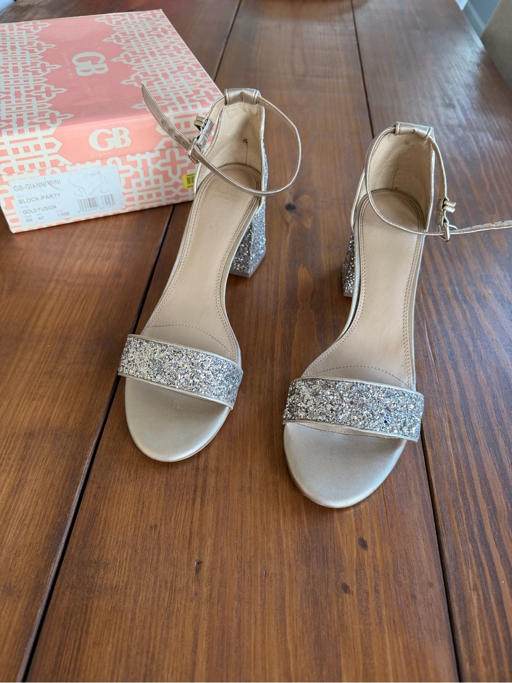 Gianni Bini Silver Glitter Block Heel Sandals with Ankle Strap